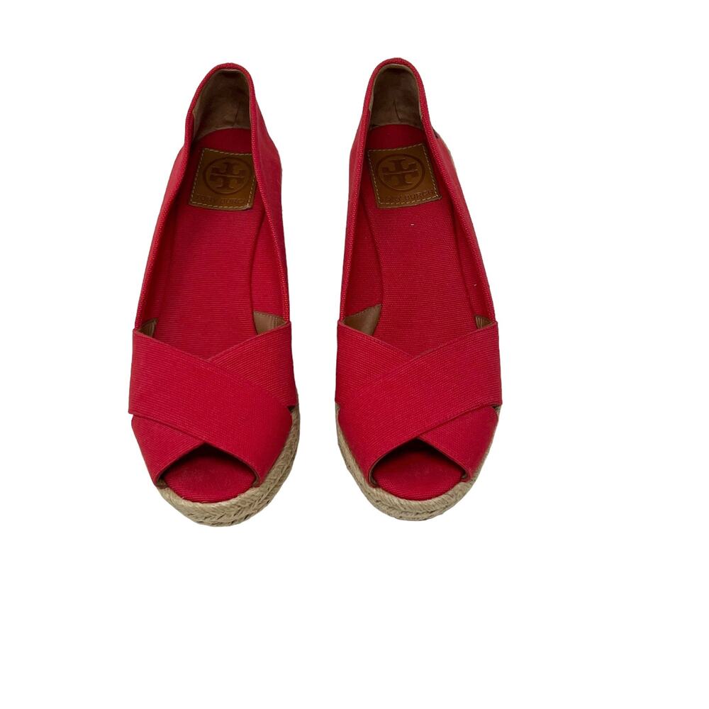 Tory Burch Red Espadrille Canvas Wedge Peep Toe Shoe Size 9
